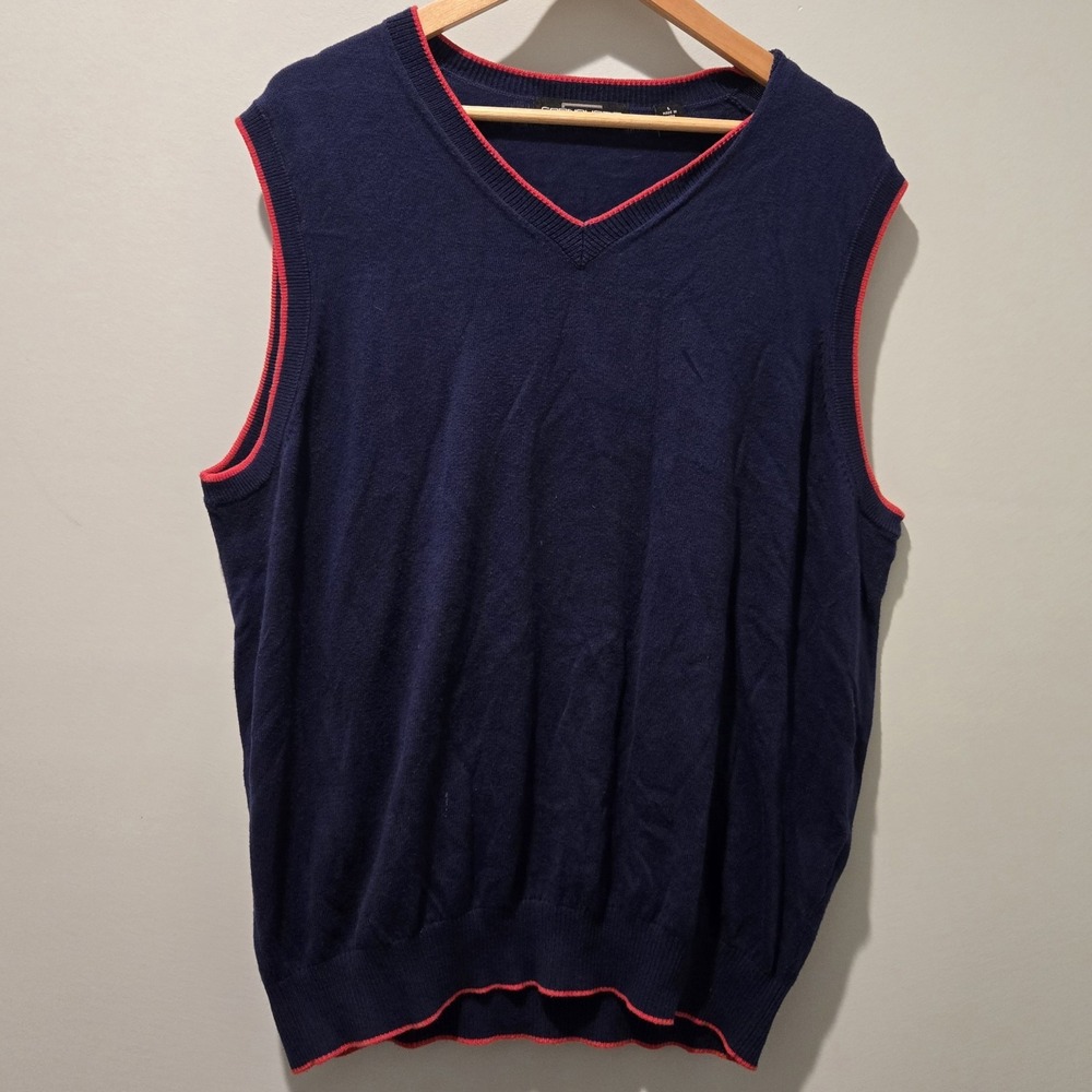 CARNOUSTIE Cashmere Cotton Navy‎ Red Pullover V-neck Golf Sweater Vest men's Lg